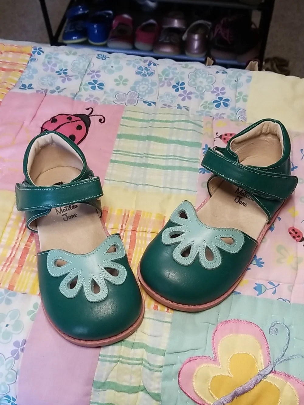 Matilda Jane Livie Luca Teal and Light Teal Leather Mary Jane Size 12 Petals